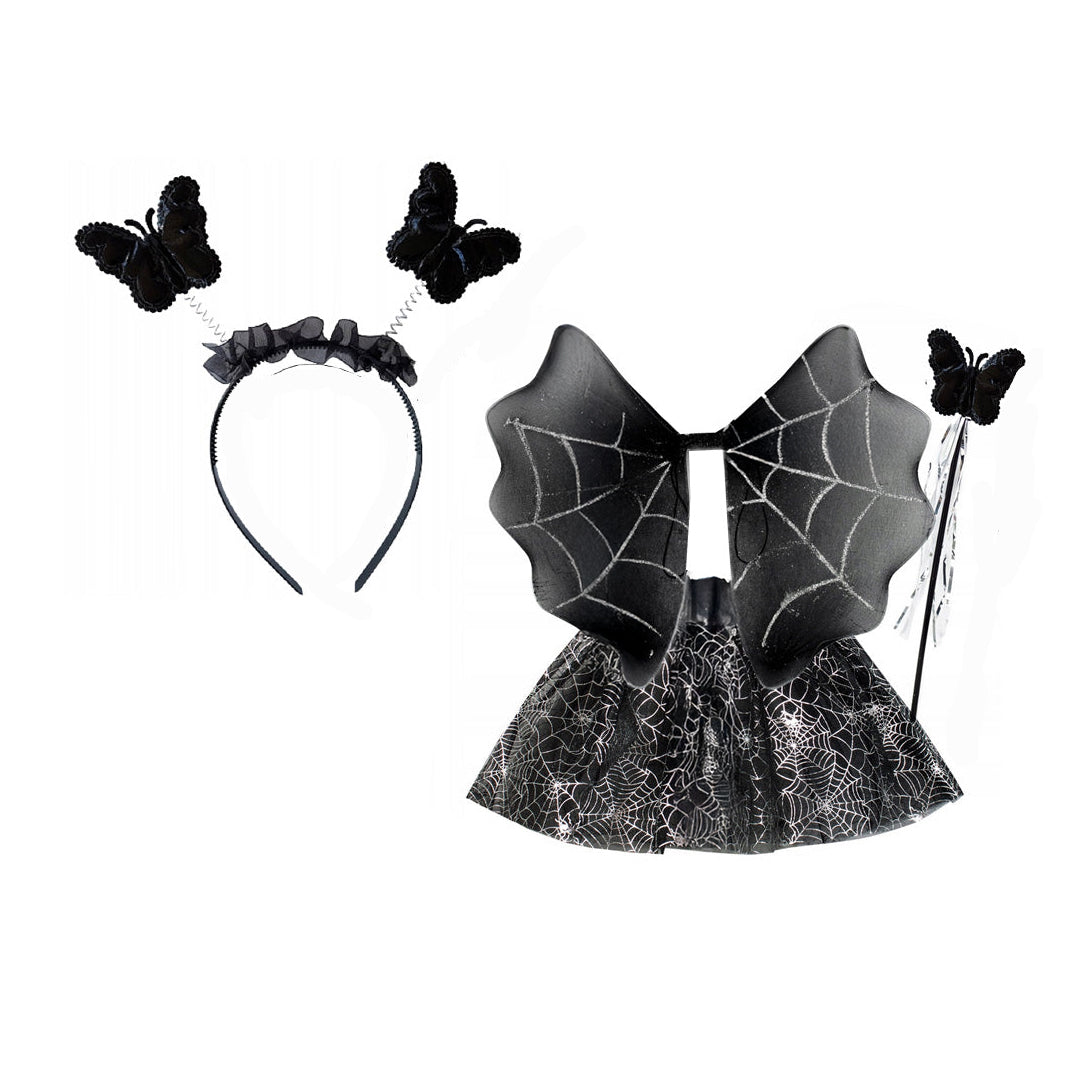 Set costumas halloween copii , Zola®, Fluturas, 4 piese, fustita, coronita,aripioare si bagheta, 3 ani, negru