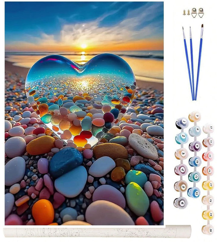 Set pictura pe numere 40 x 50 cm, Zola, model inima pe plaja din pietre colorate, fara rama, accesorii incluse