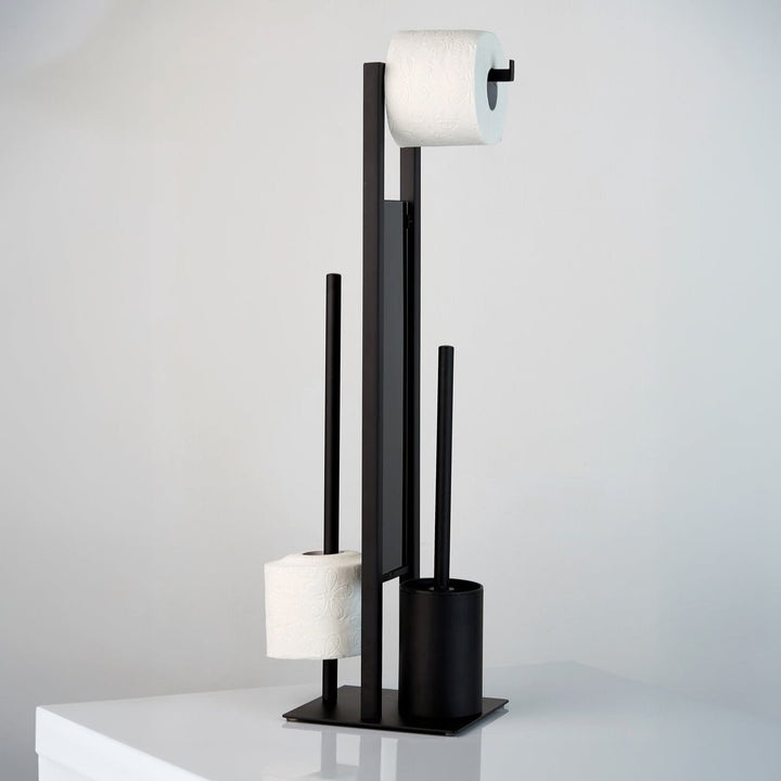 Suport 3 in 1, Zola, depozitat hartie igienica, perie de wc, otel, capacitate pana la 4 role,  70 x 20 x 18.5 cm, negru
