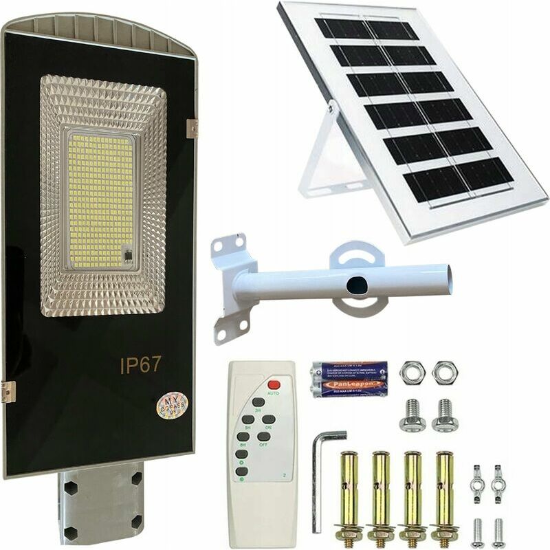 Lampa stradala 129 LED-uri cu panou solar, UBX, 100W, 2000 lm,  senzor crepuscul,  5 moduri de iluminare, unghi fascicul 140°,  IP67, telecomanda, 25 x 18 cm