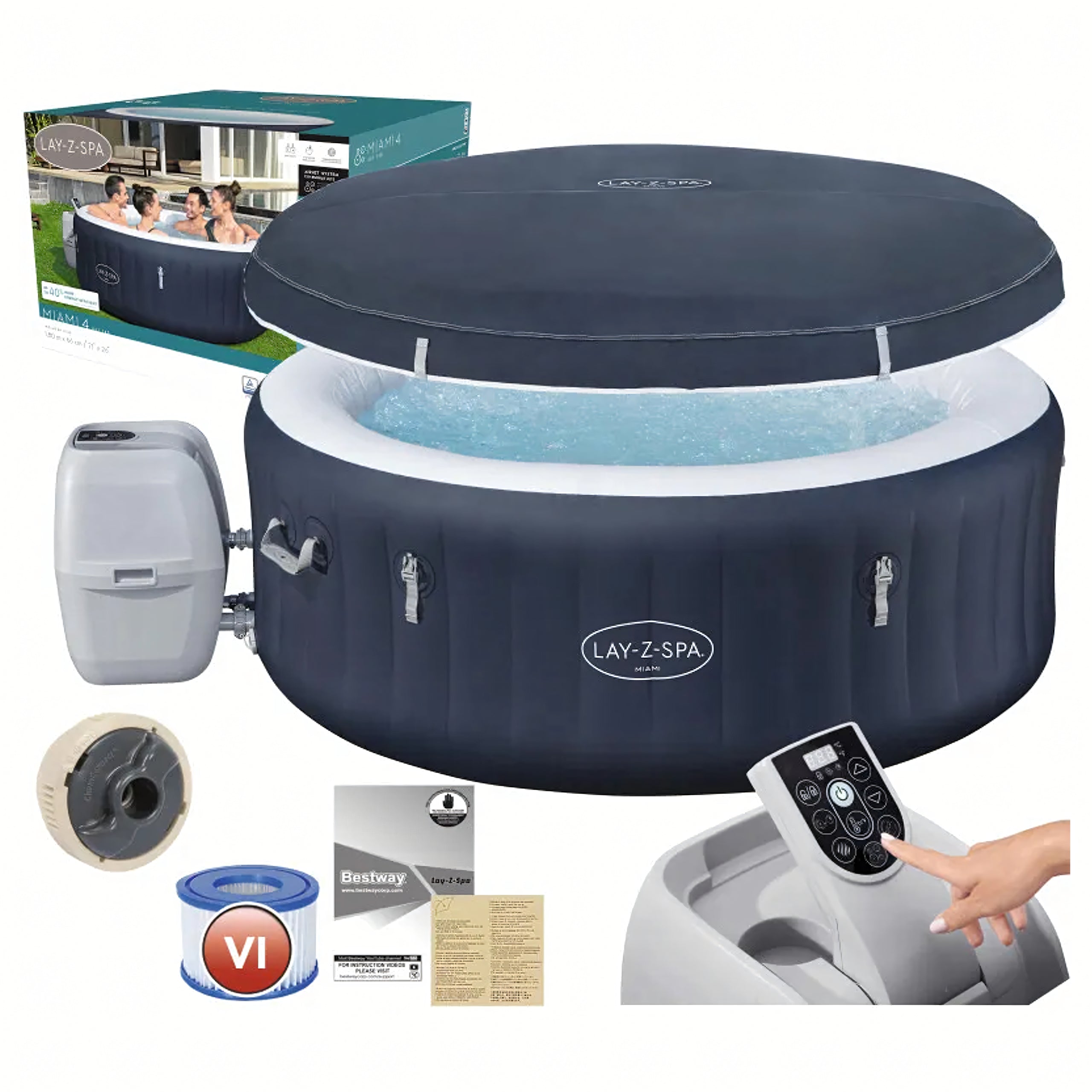 Jacuzzi gonflabil Spa, cu hidromasaj, Bestway 6001C Lay-Z-Spa Miami, sistem de comanda cu display digital, exterior / interior, 4 persoane, albastru inchis, 180 x 66 cm
