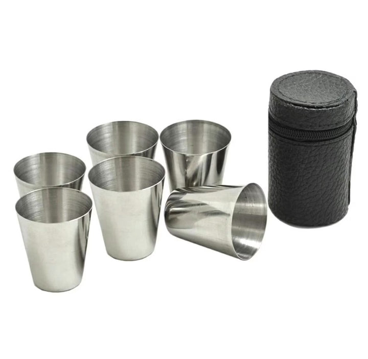 Set 6 pahare shot inox, Zola®, in suport teaca de piele sintetica, 30 ml, argintii