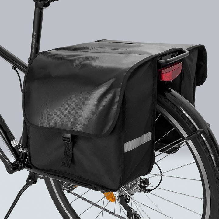 Geanta dubla pentru bicicleta, Zola, 28 L, impermeabila, elemente reflectorizante, fixare curele / velcro, 35 × 30 × 12 cm , neagra