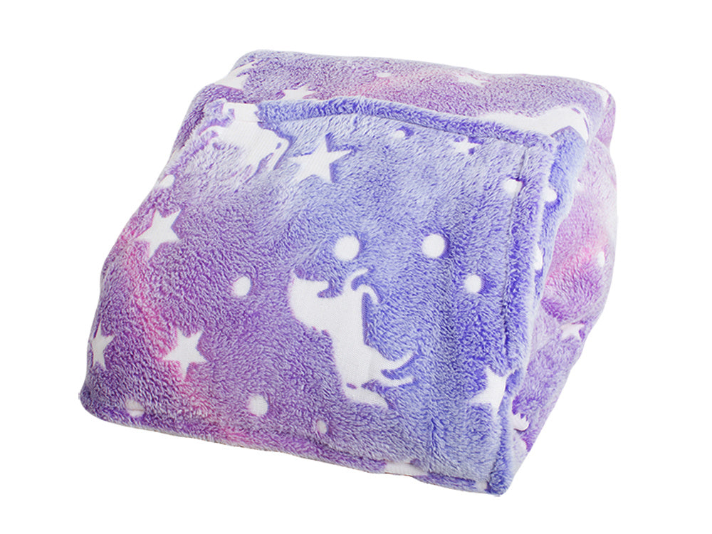 Hanorac patura cu gluga si maneci, Zola®, insertii fosforescente, calduros si pufos, buzunar spatios, model unicorni si stelute, violet