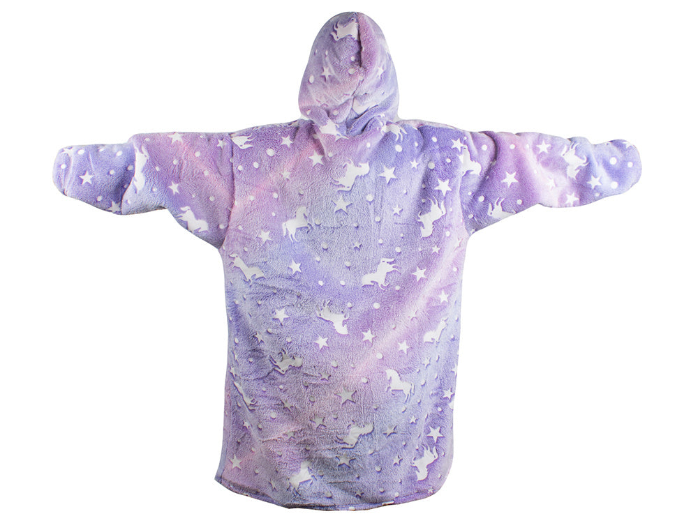 Hanorac patura cu gluga si maneci, Zola®, insertii fosforescente, calduros si pufos, buzunar spatios, model unicorni si stelute, violet