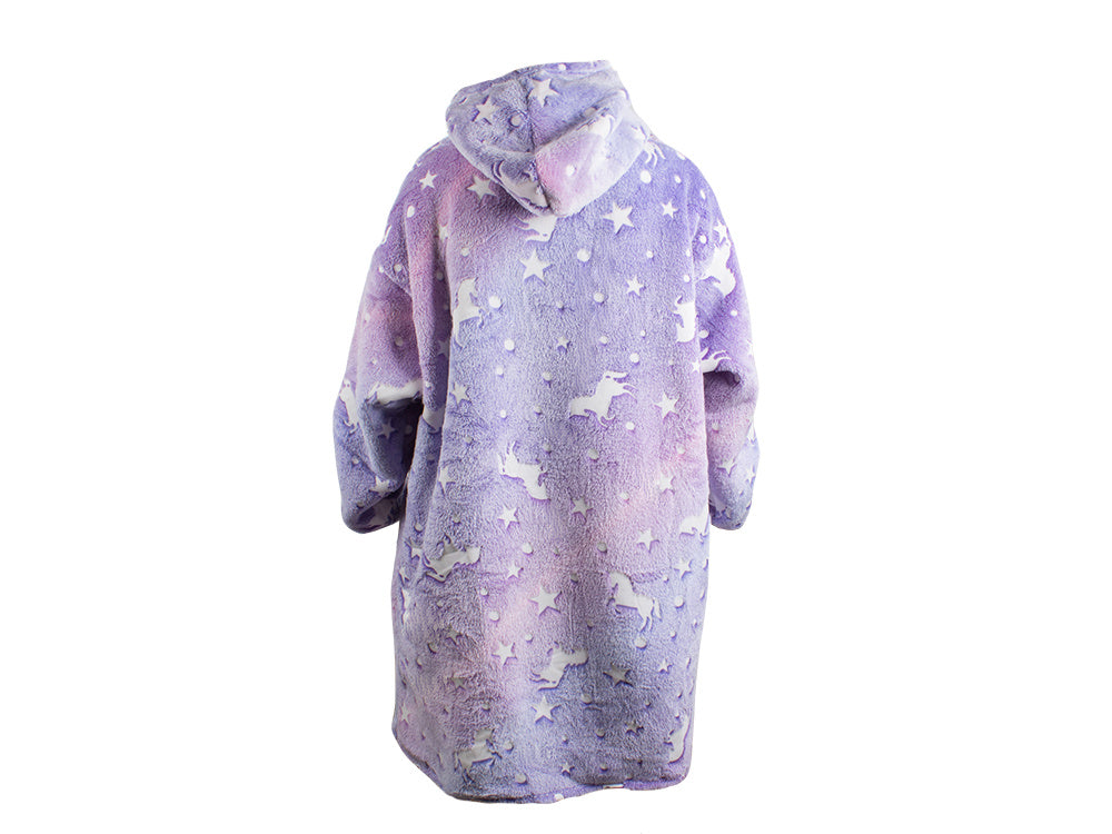 Hanorac patura cu gluga si maneci, Zola®, insertii fosforescente, calduros si pufos, buzunar spatios, model unicorni si stelute, violet