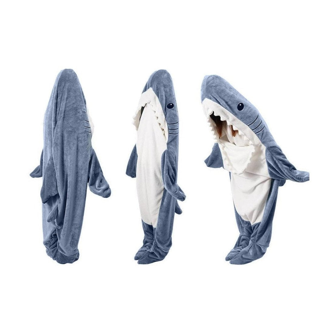 Pijama in forma de rechin, Zola, moale si calduros, model intreg, 186x139 cm, albastru/alb