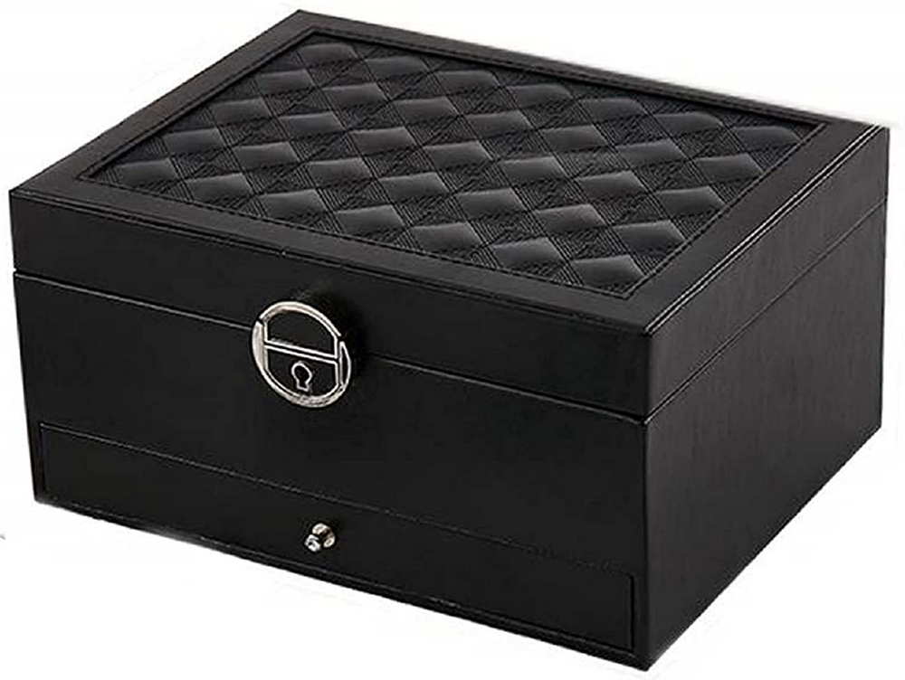 Cutie de bijuterii, Zola®, cu 2 nivele, oglinda, 22x17 cm, piele ecologica neagra