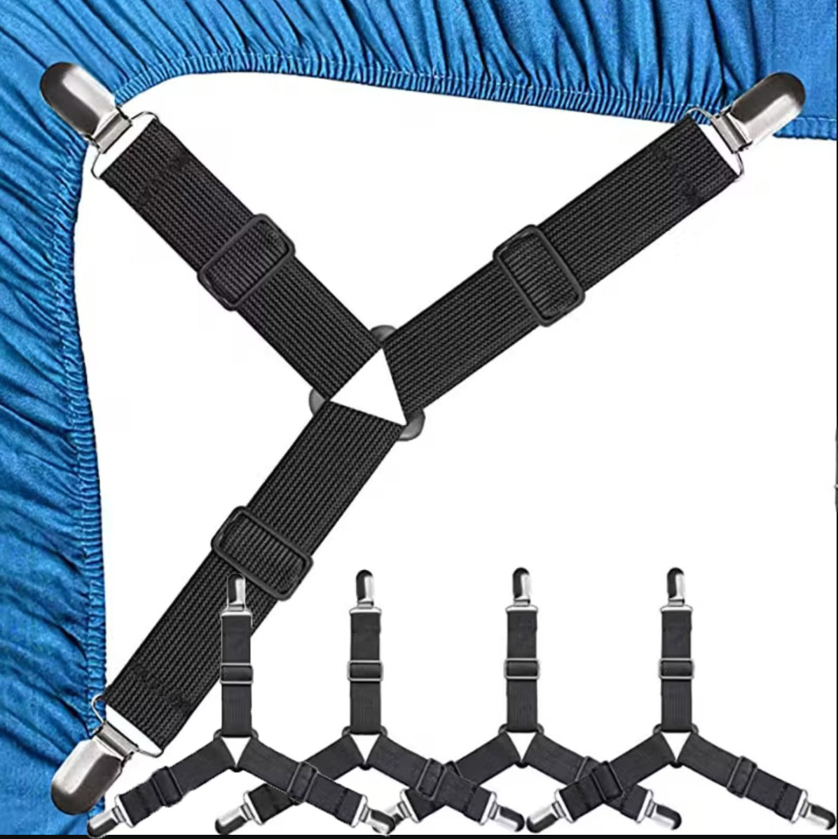 Set 4 accesorii de fixare a cearsafului, Zola, lungime reglabila, cleme fixare, universale, negre