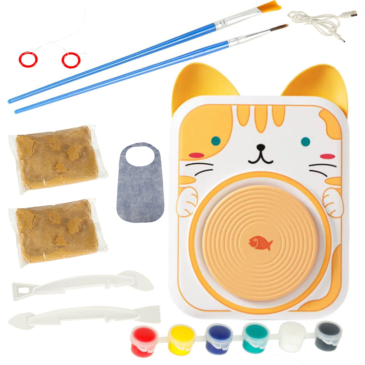 Set de olarit pentru copii, Zola, roata olarului model pisica, lut, instrumente de modelat, acuarele, pensule, cablu alimentare USB