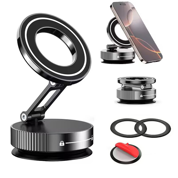 Suport auto magnetic pentru telefon, Zola, pliabil, fixare ventuza, unghi reglabil, inaltime 3.6-12 cm, diametru 6 cm, negru