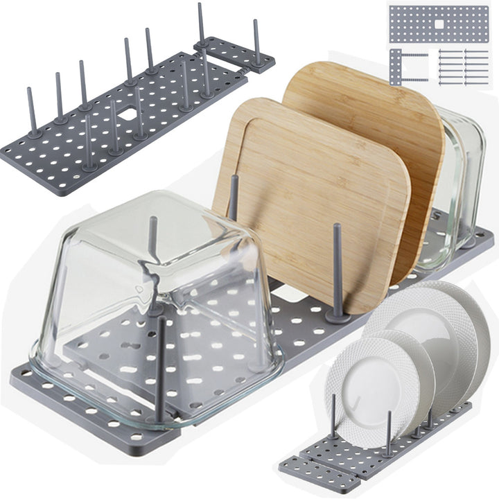 Organizator extensibil si ajustabil pentru bucatarie, Zola, 12 pini, ideal pentru aranjarea paharelor, canilor, farfuriilor, capacelor sau oalelor, 40-54 x 15 cm, gri