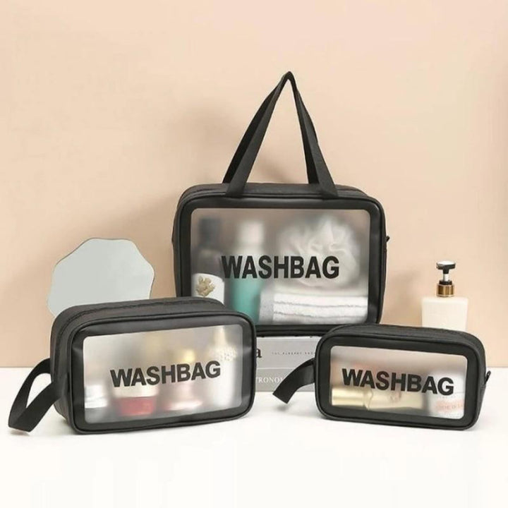 Set 3 genti de voiaj pentru cosmetice, Zola, impermeabile, marimi diferite 30 x 21 x 10 cm/ 25 x 15 x 8 cm/  20 x 12 x 7 cm, negru