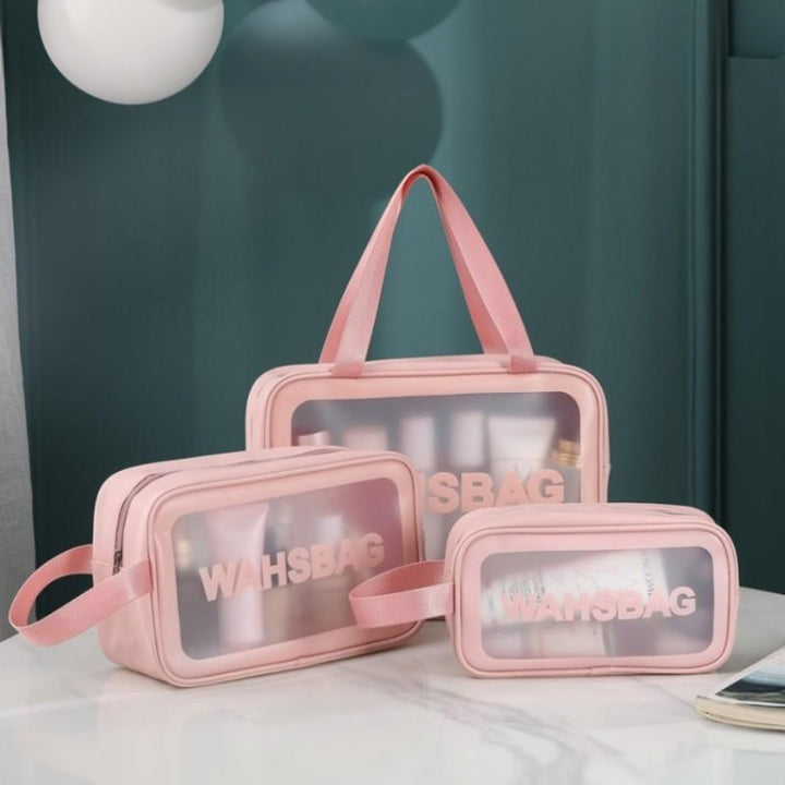 Set 3 genti de voiaj pentru cosmetice, Zola, impermeabile, marimi diferite 30 x 21 x 10 cm/ 25 x 15 x 8 cm/  20 x 12 x 7 cm, roz