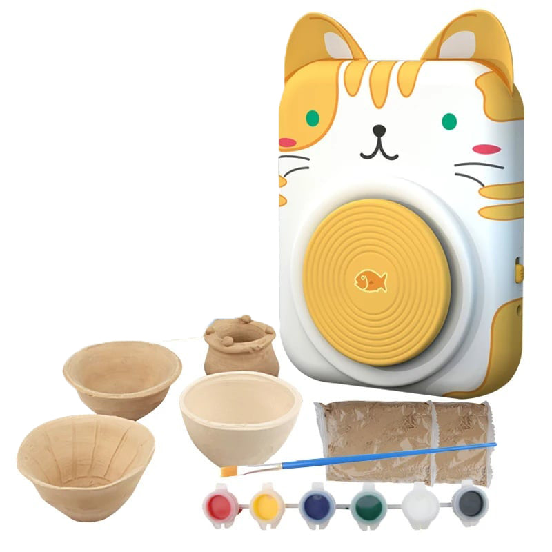 Set de olarit pentru copii, Zola, roata olarului model pisica, lut, instrumente de modelat, acuarele, pensule, cablu alimentare USB