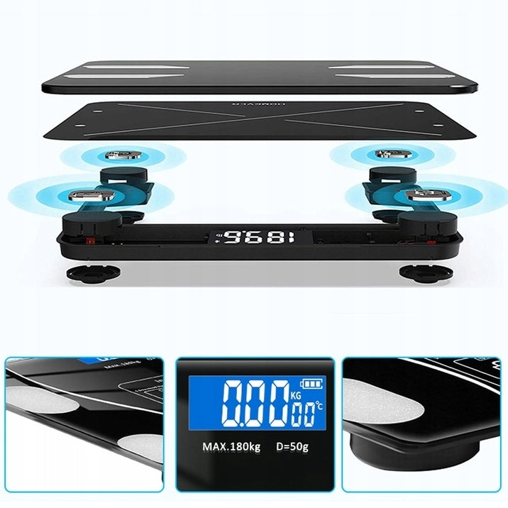 Cantar inteligent digital cu bluetooth, Zola, analiza completa a compozitiei corporale, aplicatie Android/iOS, 180 kg, negru, cu afisaj LED si memorie pentru 8 utilizatori