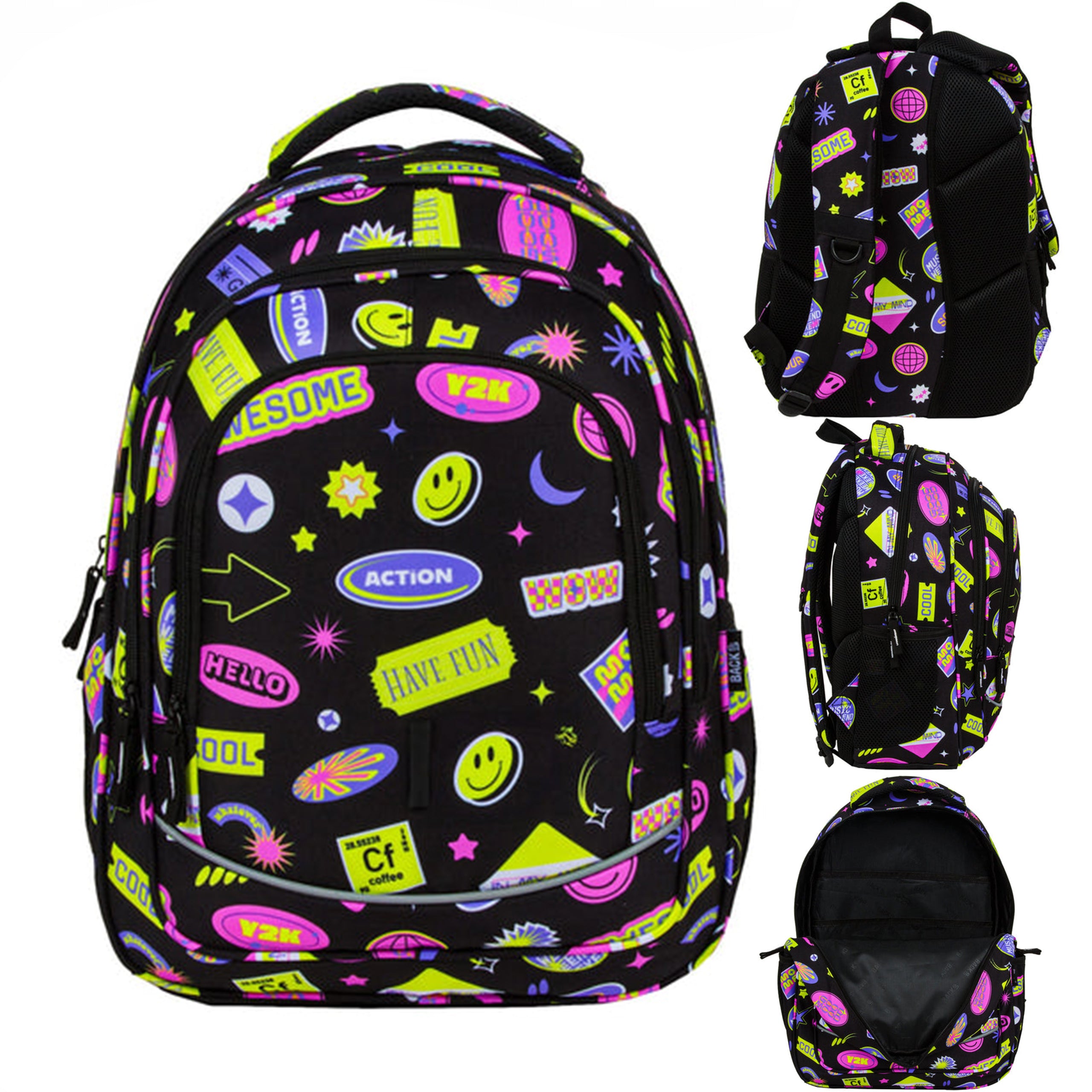 Ghiozdan scolar ergonomic, Zola, 3 compartimente, 42 x 30 x 20 cm, elemente reflectorizante, model etichete colorate, negru