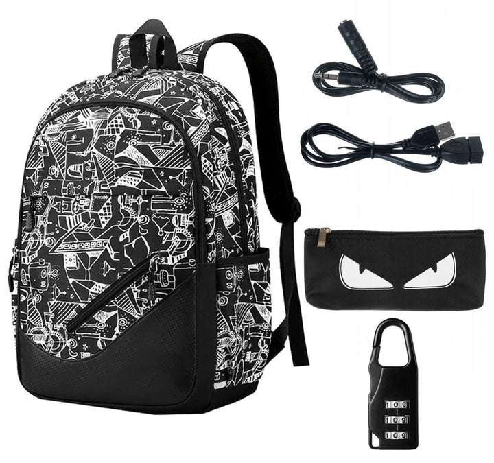 Ghiozdan adolescenti, Zola®, 3 buzunare, prelungitor incarcare USB, mufa Jack pentru casti, lacatu cu cifru, penar, 48x38x18 cm, model abstract alb cu negru