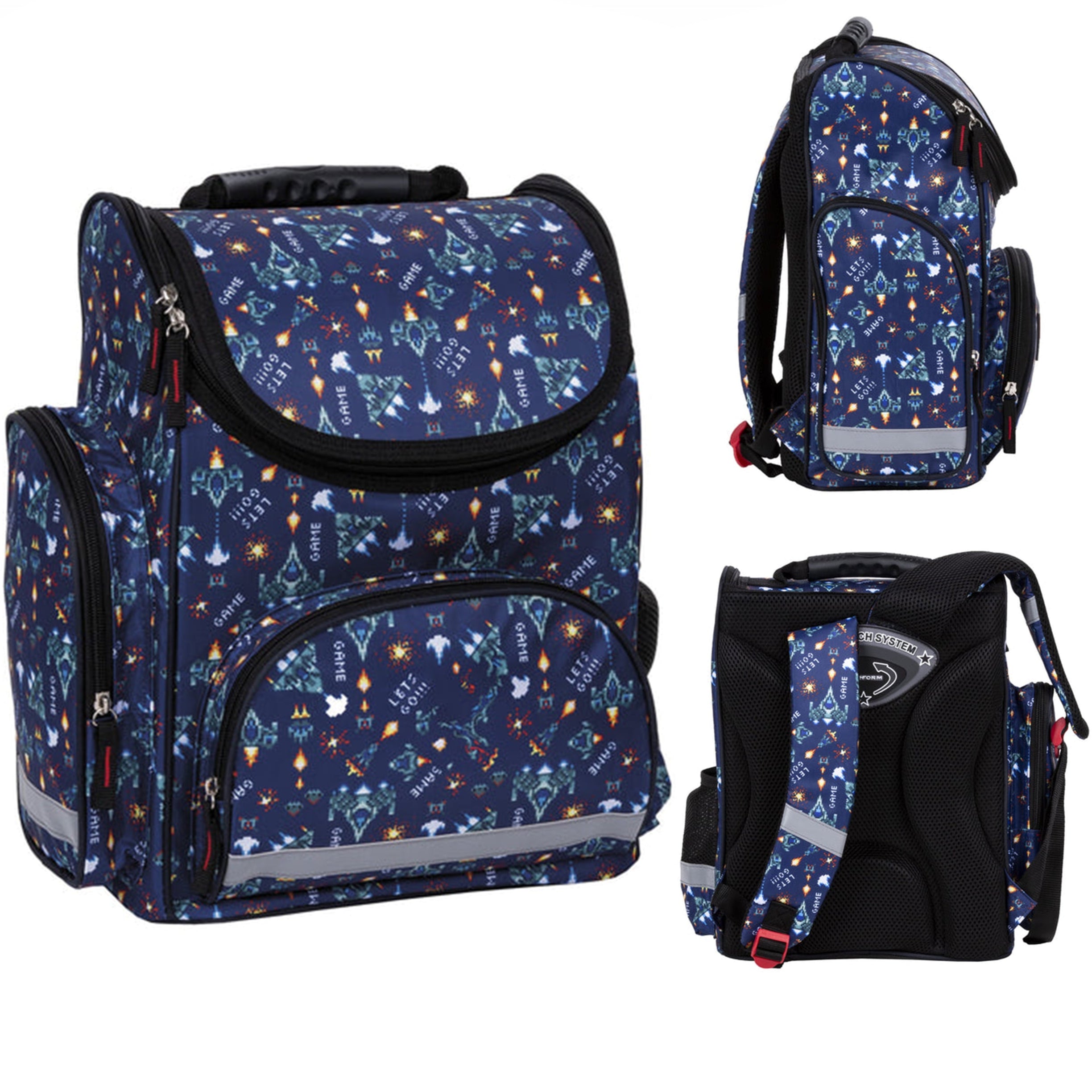 Ghiozdan ergonomic clasa pregatitoare, Zola, 2 compartimente, 2 buzunare laterale plasa, bretele reglabile, greutate redusa, elemente reflectorizante, 34 x 26 x 14 cm, negru Pac Man