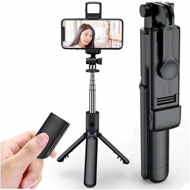 Selfie stick/trepied, Zola, lumina LED, 62 cm, otel inoxidabil, cu telecomanda, cap mobil 360 grade, negru